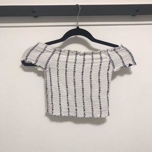 White and navy striped off the shoulder crop top